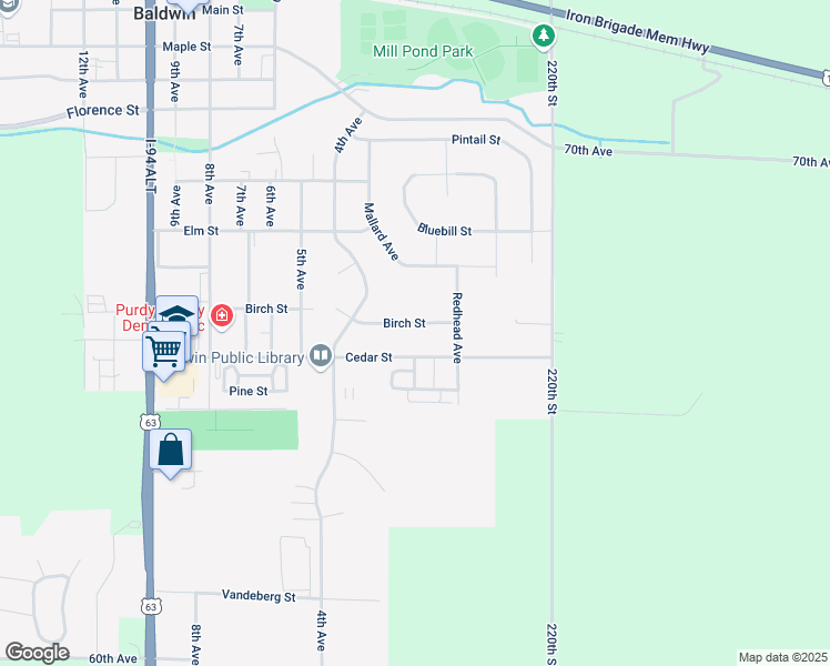 map of restaurants, bars, coffee shops, grocery stores, and more near 276 Birch Street in Baldwin