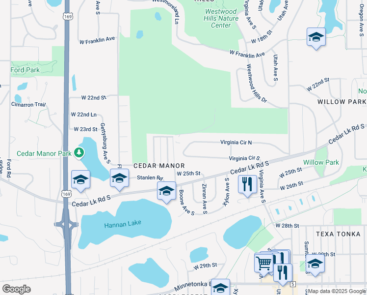 map of restaurants, bars, coffee shops, grocery stores, and more near 8618 Virginia Circle North in Minneapolis