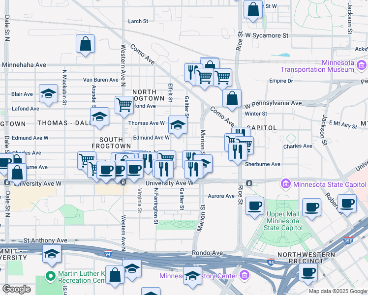 map of restaurants, bars, coffee shops, grocery stores, and more near 265 Charles Avenue in Saint Paul
