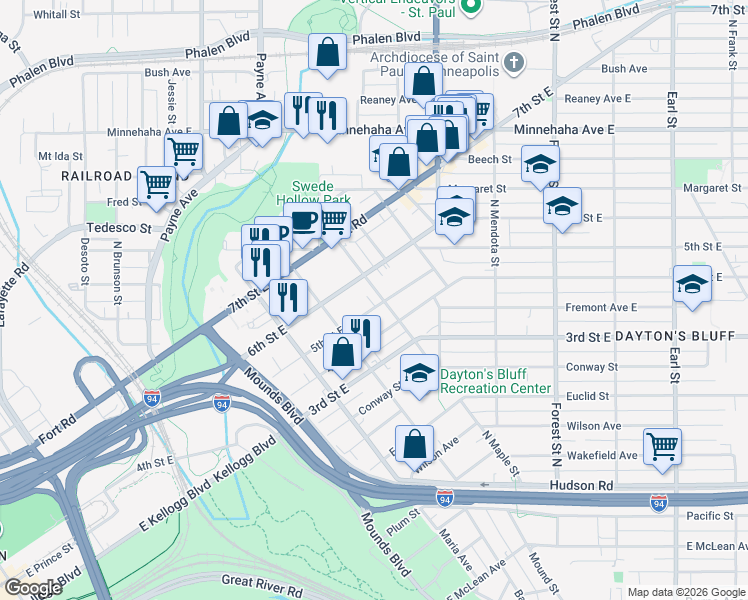 map of restaurants, bars, coffee shops, grocery stores, and more near 741 5th Street East in Saint Paul