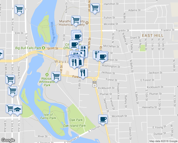 map of restaurants, bars, coffee shops, grocery stores, and more near 501 Jackson Street in Wausau