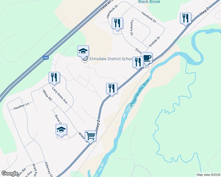 map of restaurants, bars, coffee shops, grocery stores, and more near 538 Highway 2 in Elmsdale