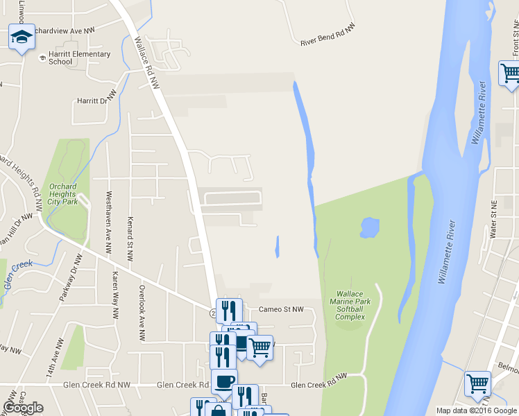 map of restaurants, bars, coffee shops, grocery stores, and more near 1610 Wallace Road Northwest in Salem