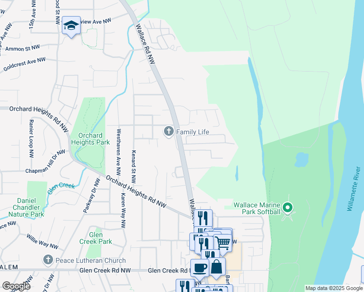 map of restaurants, bars, coffee shops, grocery stores, and more near 1675 Wallace Road Northwest in Salem