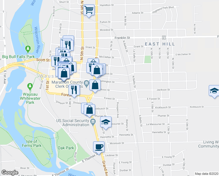 map of restaurants, bars, coffee shops, grocery stores, and more near 628 Jackson Street in Wausau