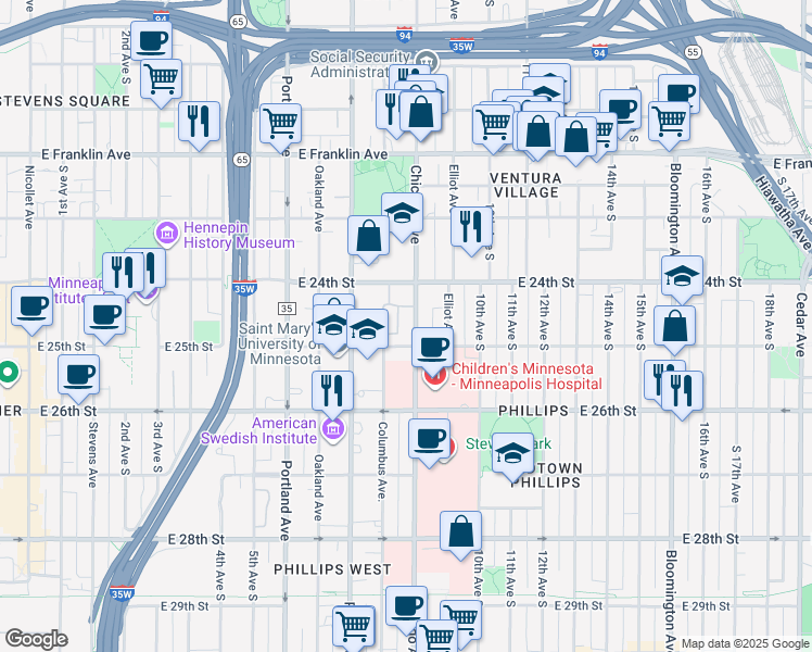 map of restaurants, bars, coffee shops, grocery stores, and more near 2434 Chicago Avenue in Minneapolis