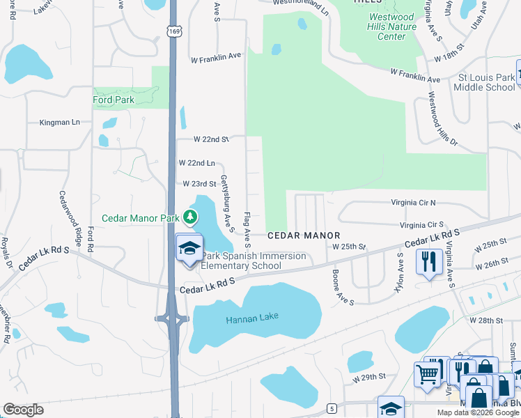 map of restaurants, bars, coffee shops, grocery stores, and more near 2413 Flag Avenue South in Minneapolis