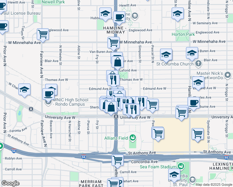 map of restaurants, bars, coffee shops, grocery stores, and more near 556 Snelling Avenue in Saint Paul