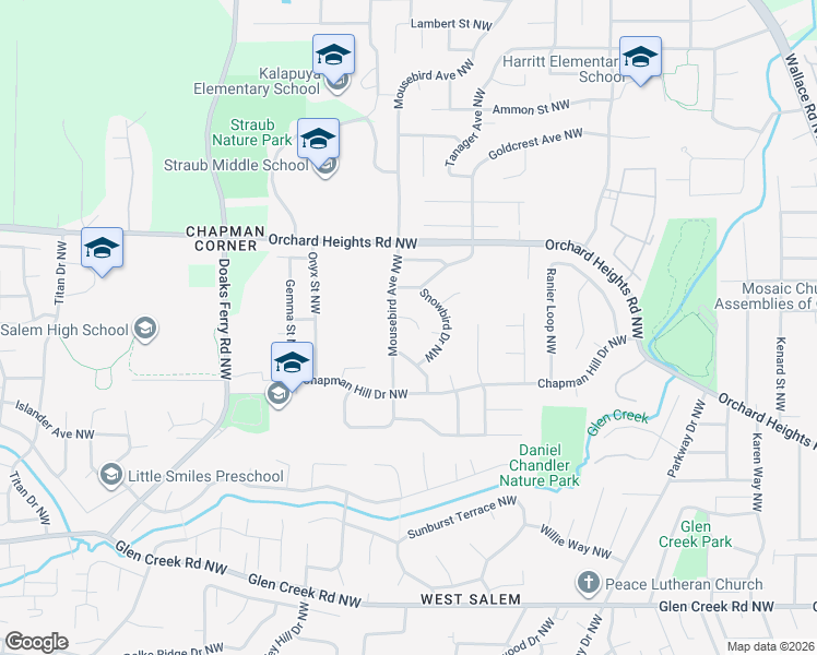 map of restaurants, bars, coffee shops, grocery stores, and more near 1651 Snowbird Drive Northwest in Salem