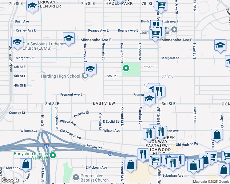 map of restaurants, bars, coffee shops, grocery stores, and more near 1635 Fremont Avenue East in Saint Paul
