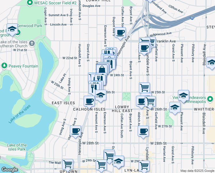 map of restaurants, bars, coffee shops, grocery stores, and more near 2429 Emerson Avenue South in Minneapolis