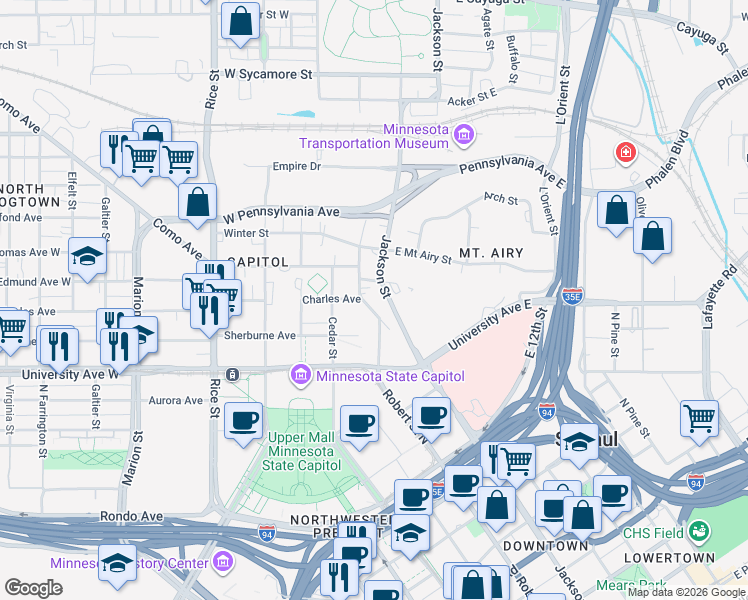 map of restaurants, bars, coffee shops, grocery stores, and more near 746 Capitol Heights in Saint Paul