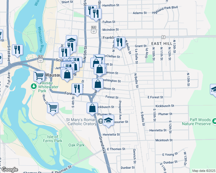 map of restaurants, bars, coffee shops, grocery stores, and more near 628 Jackson Street in Wausau