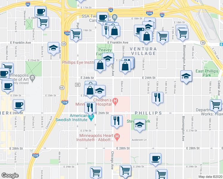 map of restaurants, bars, coffee shops, grocery stores, and more near 2434 Chicago Avenue in Minneapolis