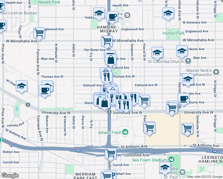 map of restaurants, bars, coffee shops, grocery stores, and more near 550 Snelling Avenue North in Saint Paul