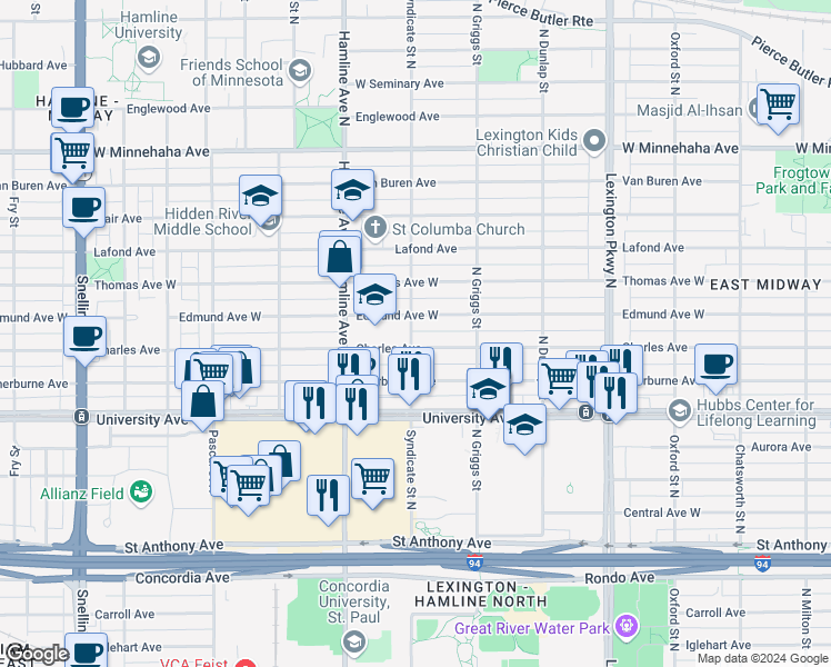 map of restaurants, bars, coffee shops, grocery stores, and more near 554 North Syndicate Street in Saint Paul