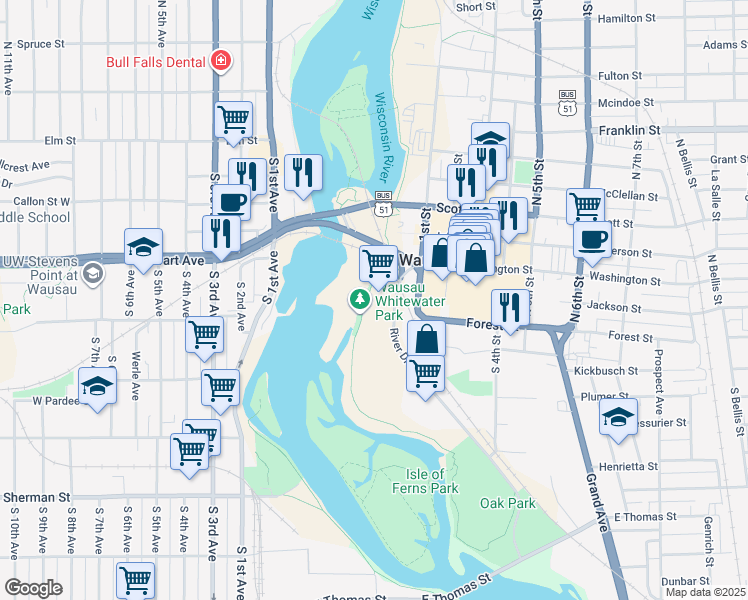 map of restaurants, bars, coffee shops, grocery stores, and more near 210 River Drive in Wausau
