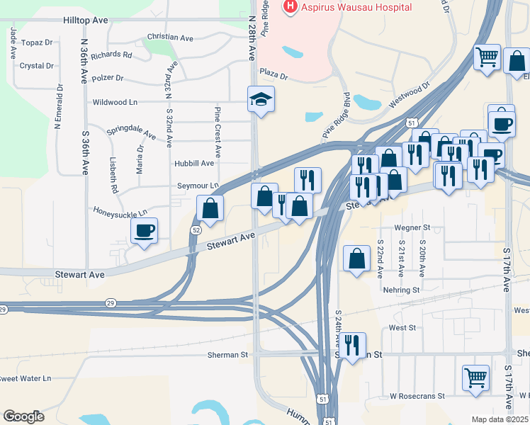map of restaurants, bars, coffee shops, grocery stores, and more near 2710 Stewart Avenue in Wausau