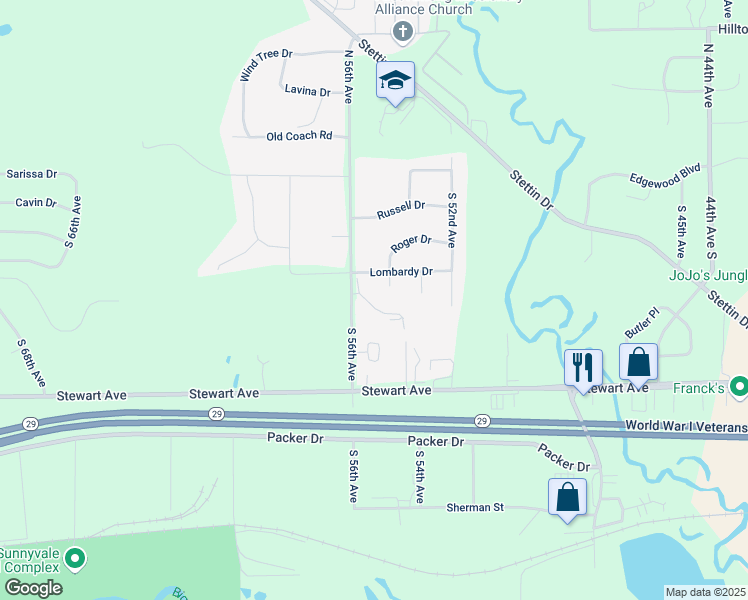 map of restaurants, bars, coffee shops, grocery stores, and more near 5502 Arbor Court in Wausau