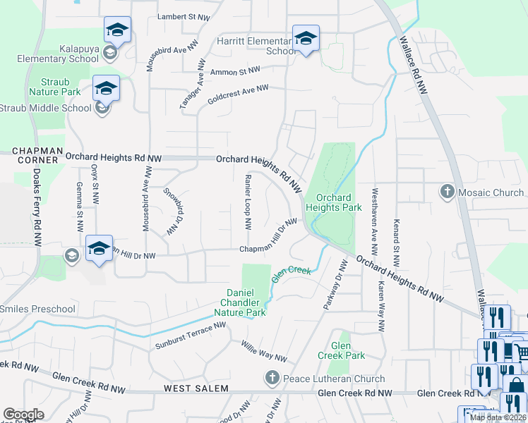 map of restaurants, bars, coffee shops, grocery stores, and more near 1665 Sisters Court Northwest in Salem