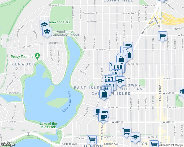 map of restaurants, bars, coffee shops, grocery stores, and more near 2436 Irving Avenue South in Minneapolis