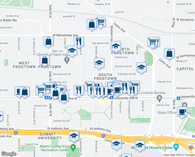 map of restaurants, bars, coffee shops, grocery stores, and more near 554 Arundel Street in Saint Paul