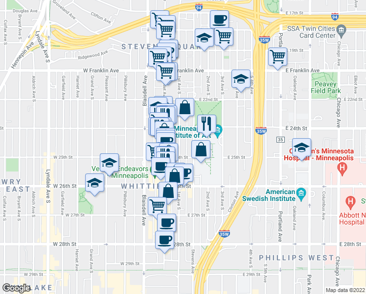 map of restaurants, bars, coffee shops, grocery stores, and more near 2435 1st Avenue South in Minneapolis