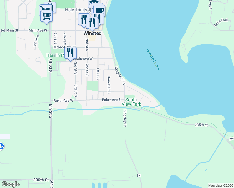 map of restaurants, bars, coffee shops, grocery stores, and more near 231 Arthur Avenue East in Winsted