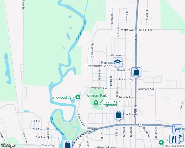 map of restaurants, bars, coffee shops, grocery stores, and more near 1208 Ridgeview Drive in Montevideo