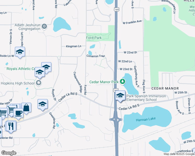 map of restaurants, bars, coffee shops, grocery stores, and more near 2450 Robin Oak Ridge in Hopkins