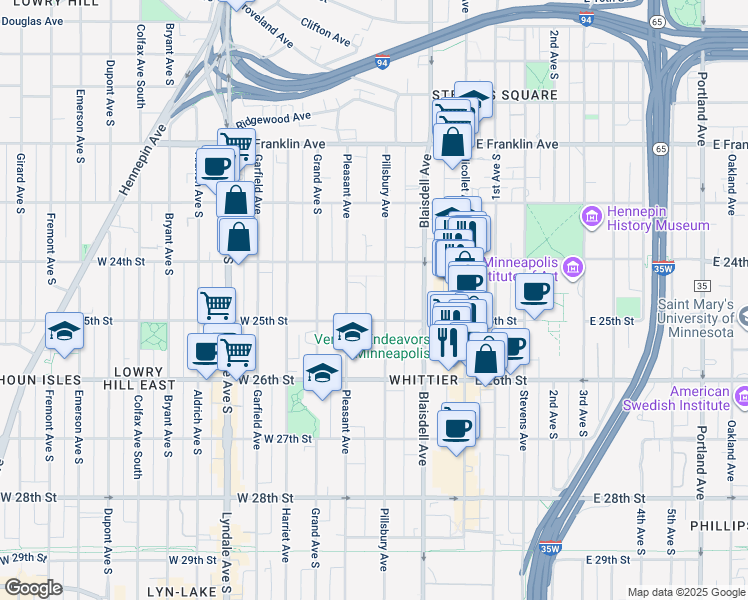 map of restaurants, bars, coffee shops, grocery stores, and more near 2430 Pillsbury Avenue in Minneapolis