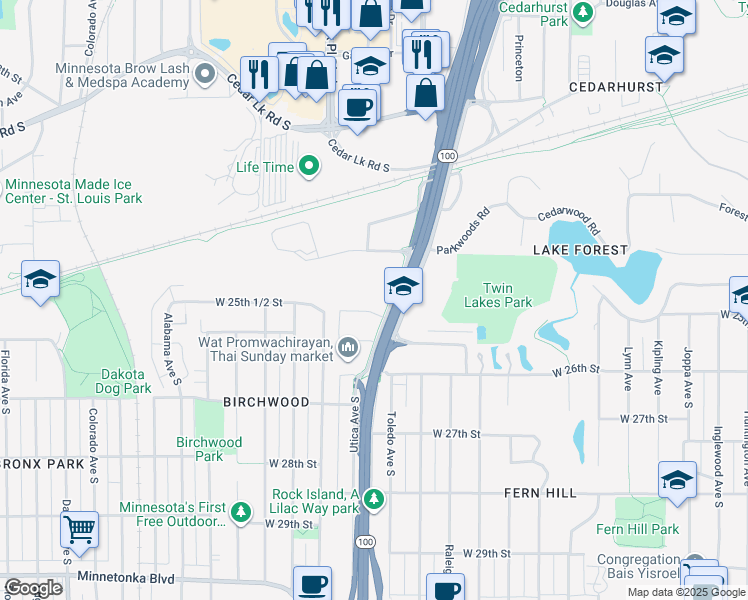 map of restaurants, bars, coffee shops, grocery stores, and more near 2480 Utica Avenue South in St. Louis Park