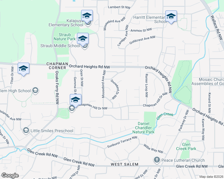 map of restaurants, bars, coffee shops, grocery stores, and more near 1651 Snowbird Drive Northwest in Salem