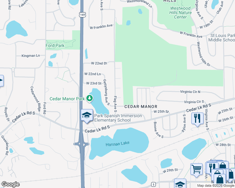 map of restaurants, bars, coffee shops, grocery stores, and more near 2413 Flag Avenue South in Minneapolis