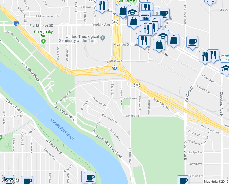 map of restaurants, bars, coffee shops, grocery stores, and more near 566 Eustis Street in Saint Paul