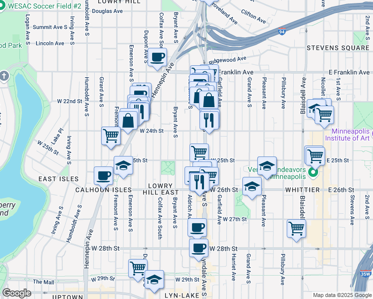 map of restaurants, bars, coffee shops, grocery stores, and more near 2432 Aldrich Avenue South in Minneapolis