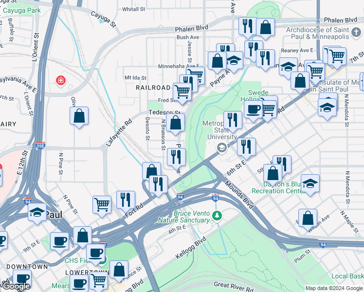 map of restaurants, bars, coffee shops, grocery stores, and more near 552 Payne Avenue in Saint Paul
