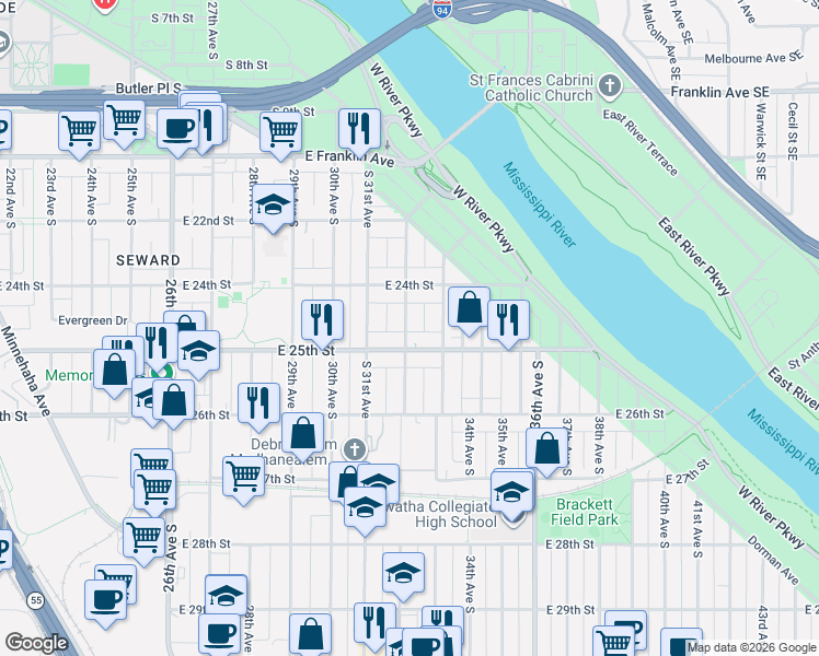 map of restaurants, bars, coffee shops, grocery stores, and more near 2439 South 32nd Avenue in Minneapolis