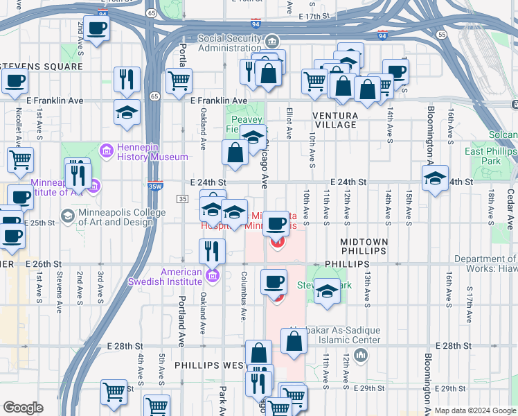 map of restaurants, bars, coffee shops, grocery stores, and more near 2434 Chicago Avenue in Minneapolis