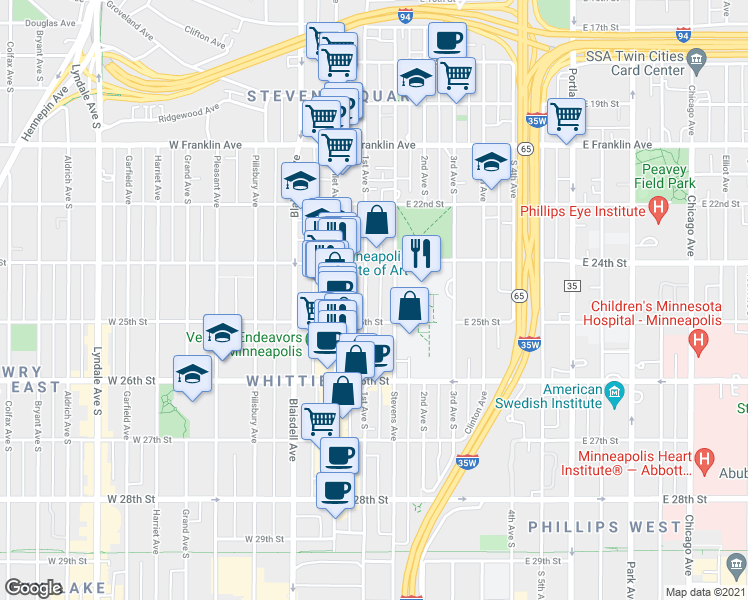 map of restaurants, bars, coffee shops, grocery stores, and more near in Minneapolis