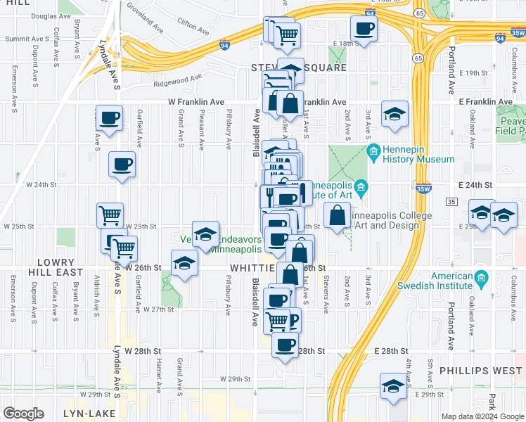 map of restaurants, bars, coffee shops, grocery stores, and more near 2431 Blaisdell Avenue in Minneapolis