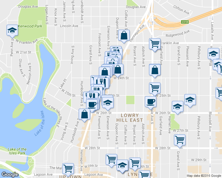 map of restaurants, bars, coffee shops, grocery stores, and more near 2429 Emerson Avenue South in Minneapolis