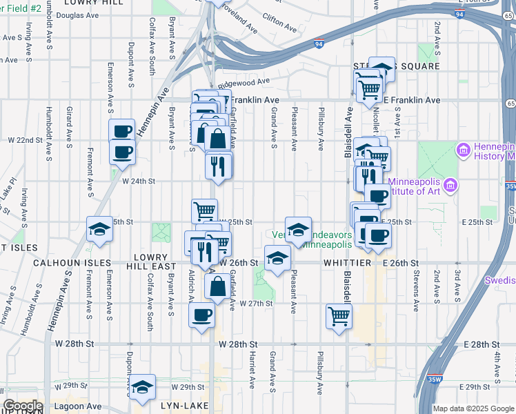 map of restaurants, bars, coffee shops, grocery stores, and more near 2435 Harriet Avenue in Minneapolis