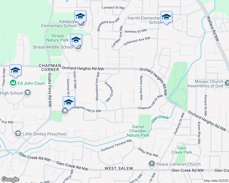 map of restaurants, bars, coffee shops, grocery stores, and more near 1656 Snowbird Drive Northwest in Salem