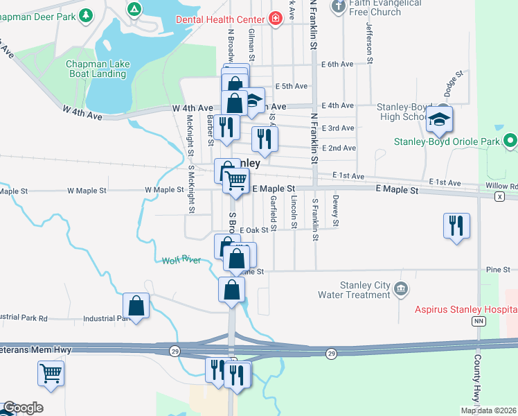 map of restaurants, bars, coffee shops, grocery stores, and more near 217 Washington St in Stanley