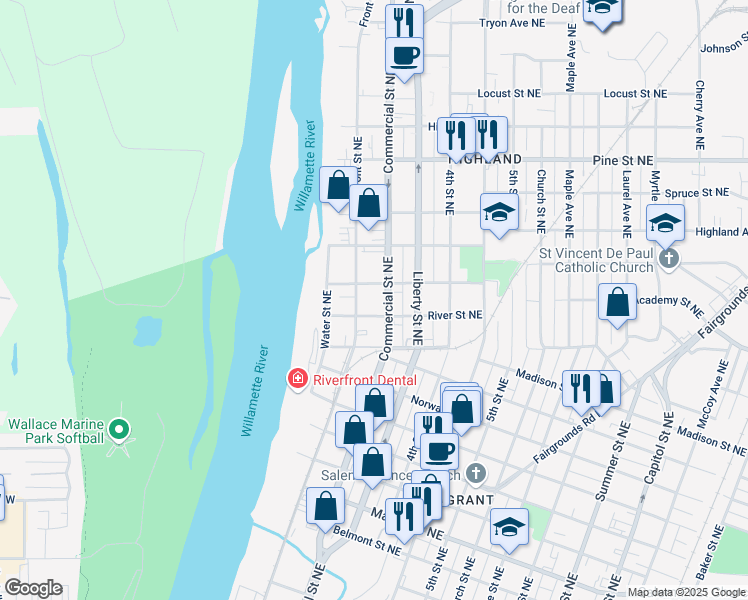 map of restaurants, bars, coffee shops, grocery stores, and more near 1995 Commercial Street Northeast in Salem