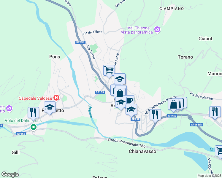 map of restaurants, bars, coffee shops, grocery stores, and more near 2 Via IV Novembre in Perosa Argentina