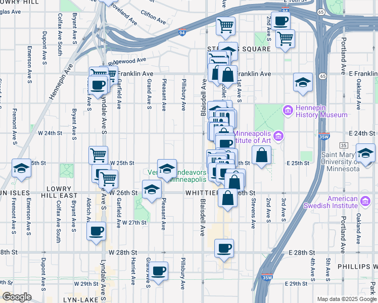 map of restaurants, bars, coffee shops, grocery stores, and more near 2435 Pillsbury Avenue South in Minneapolis