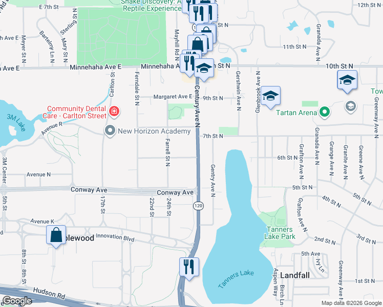 map of restaurants, bars, coffee shops, grocery stores, and more near 549 Century Avenue North in Maplewood
