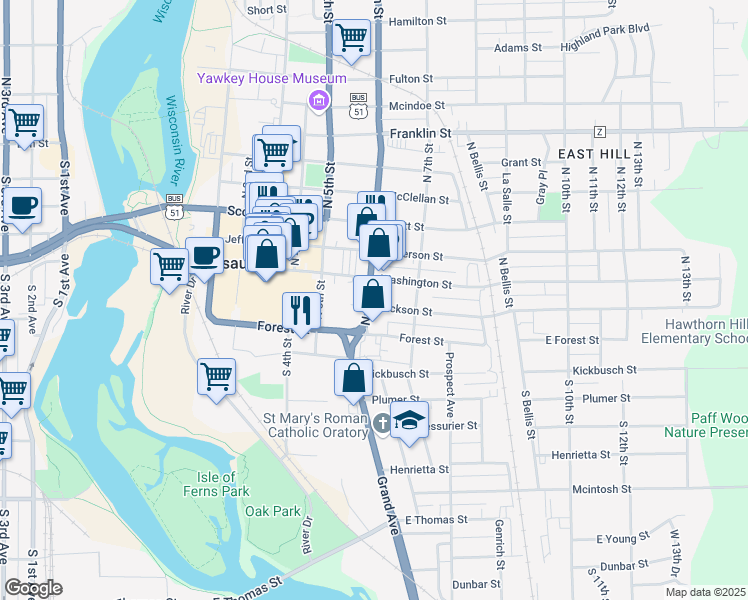 map of restaurants, bars, coffee shops, grocery stores, and more near 602 Jackson Street in Wausau